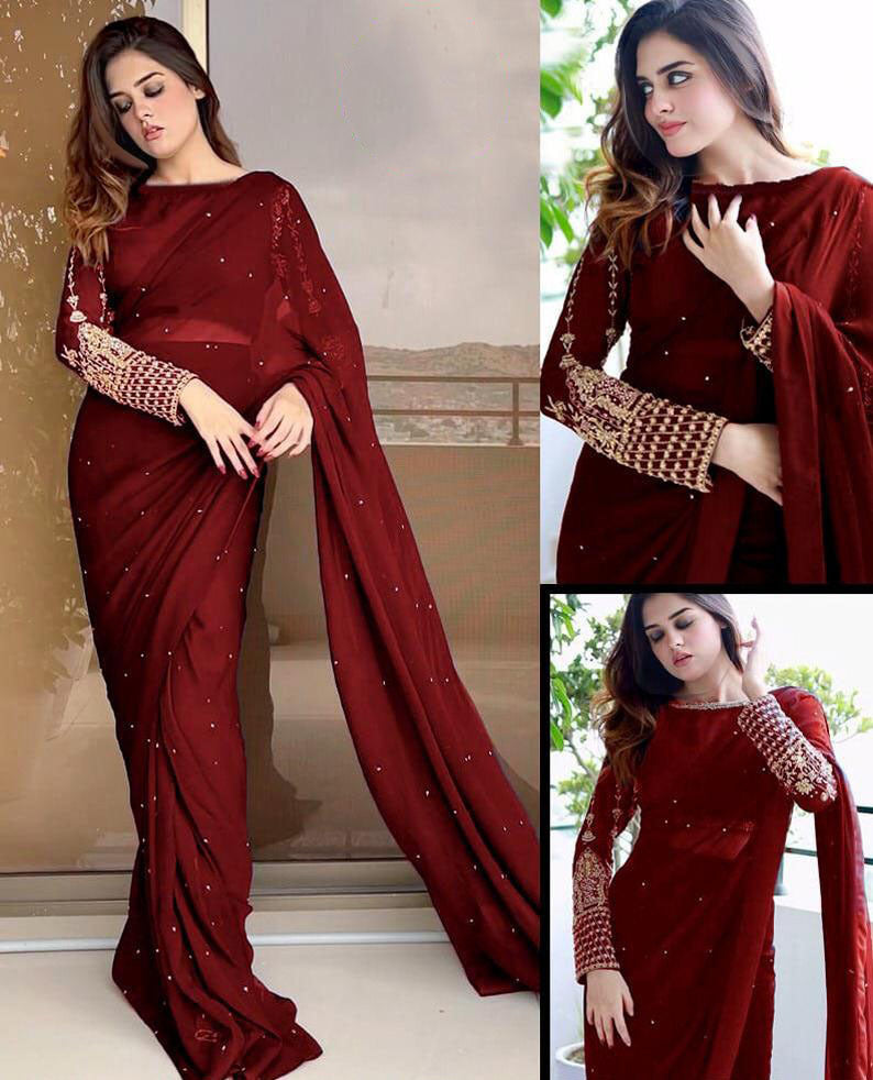 SEQUENCE EMBROIDERY PEARLS ATTACHED SAREE